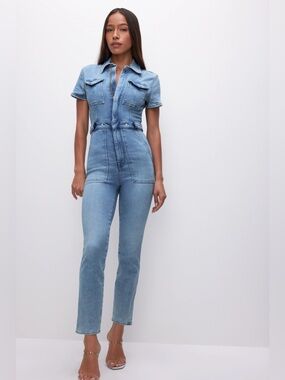 GOOD AMERICAN Fit for Success Jumpsuit Light Blue Denim Jeans 3 L Short Sleeve